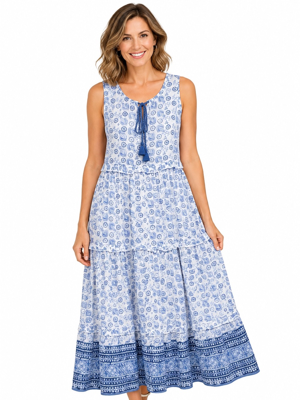 Sigrid Olsen Blue Printed Sleeveless Tiered Maxi Dress with Tassel